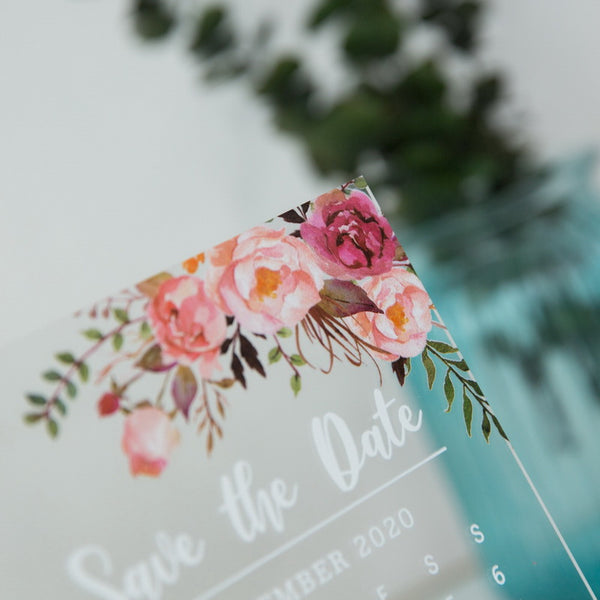 Blush Pink Floral Save The Date Acrylic Invitation