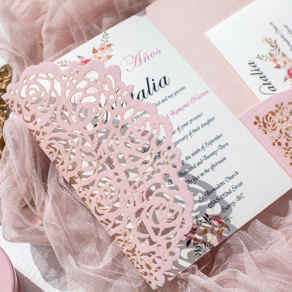 Rose Design Pink Pocket Velvet Invitation