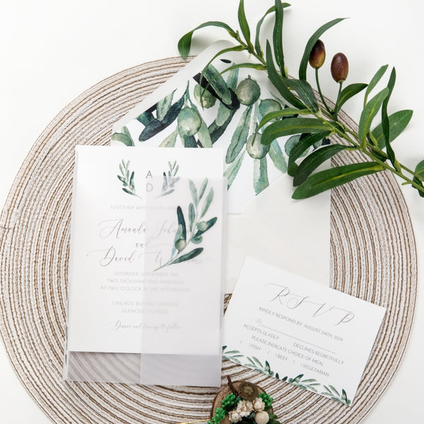 Botanical Olive Leaf Jacket Vellum Invitation