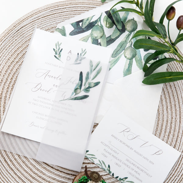 Botanical Olive Leaf Jacket Vellum Invitation
