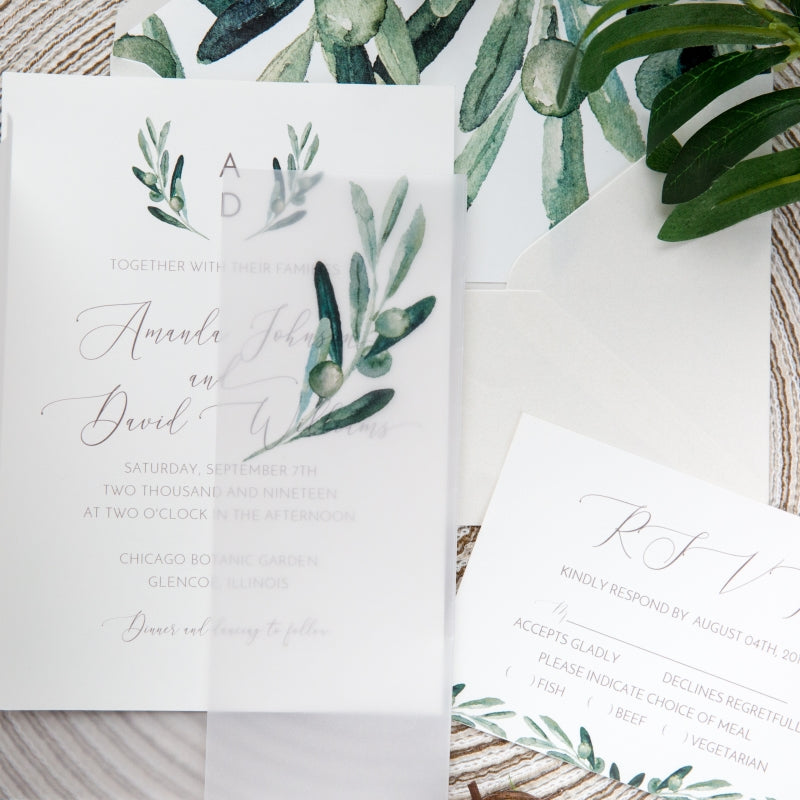 Botanical Olive Leaf Jacket Vellum Invitation