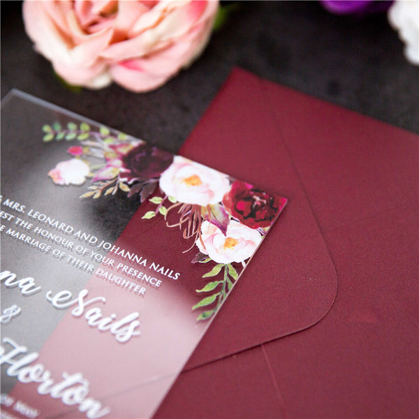 Colourful Burgundy Floral Acrylic Invitation