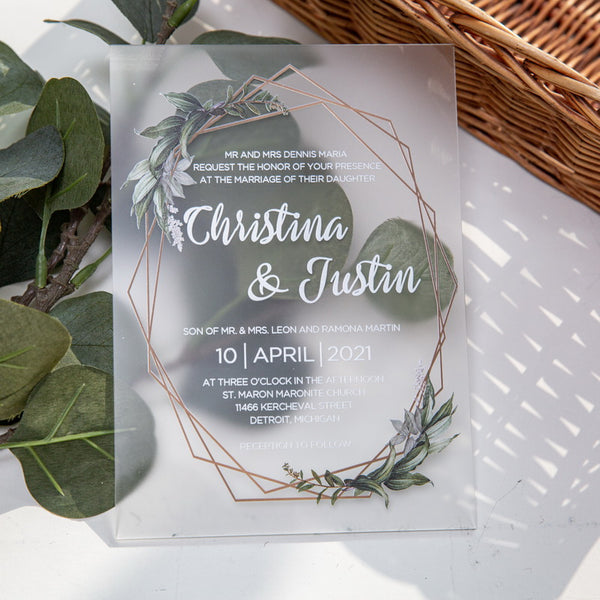 Frosted Acrylic Invitation with Greenery UV printing