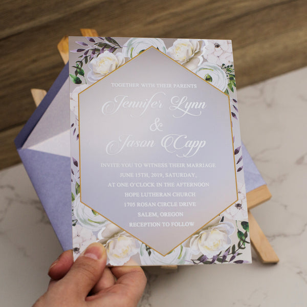 Lavender & White Floral Frosted Acrylic Invitation