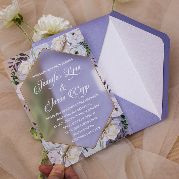 Lavender & White Floral Frosted Acrylic Invitation