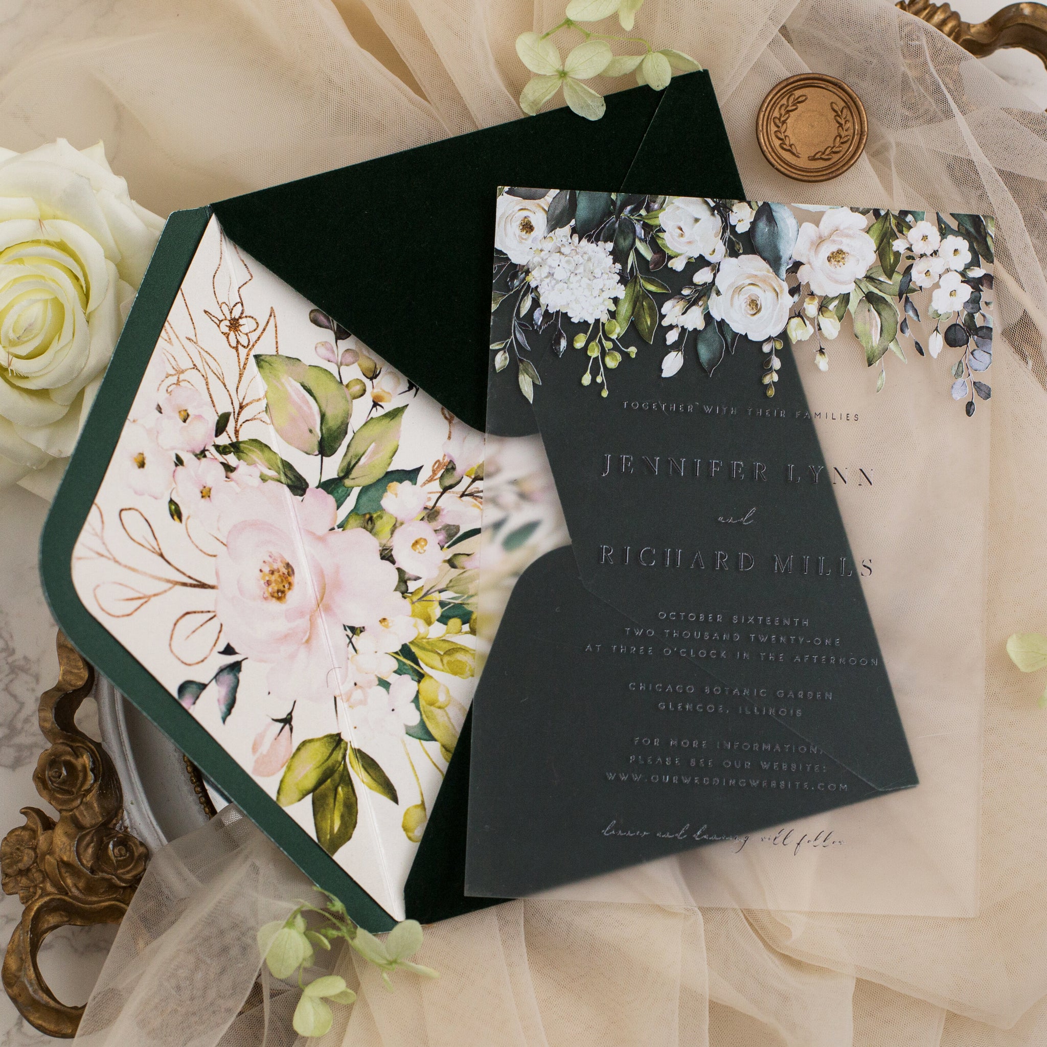 White Floral Greenery Frosted Acrylic Invitation