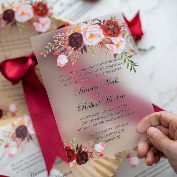 Romantic Floral Burgundy Frosted Acrylic Invitation