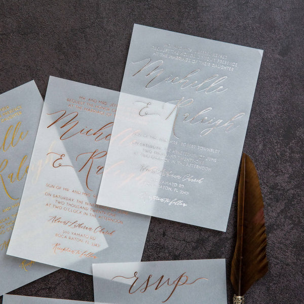 Modern Custom Calligraphy Foil Flat Vellum Invitation