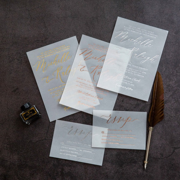 Modern Custom Calligraphy Foil Flat Vellum Invitation