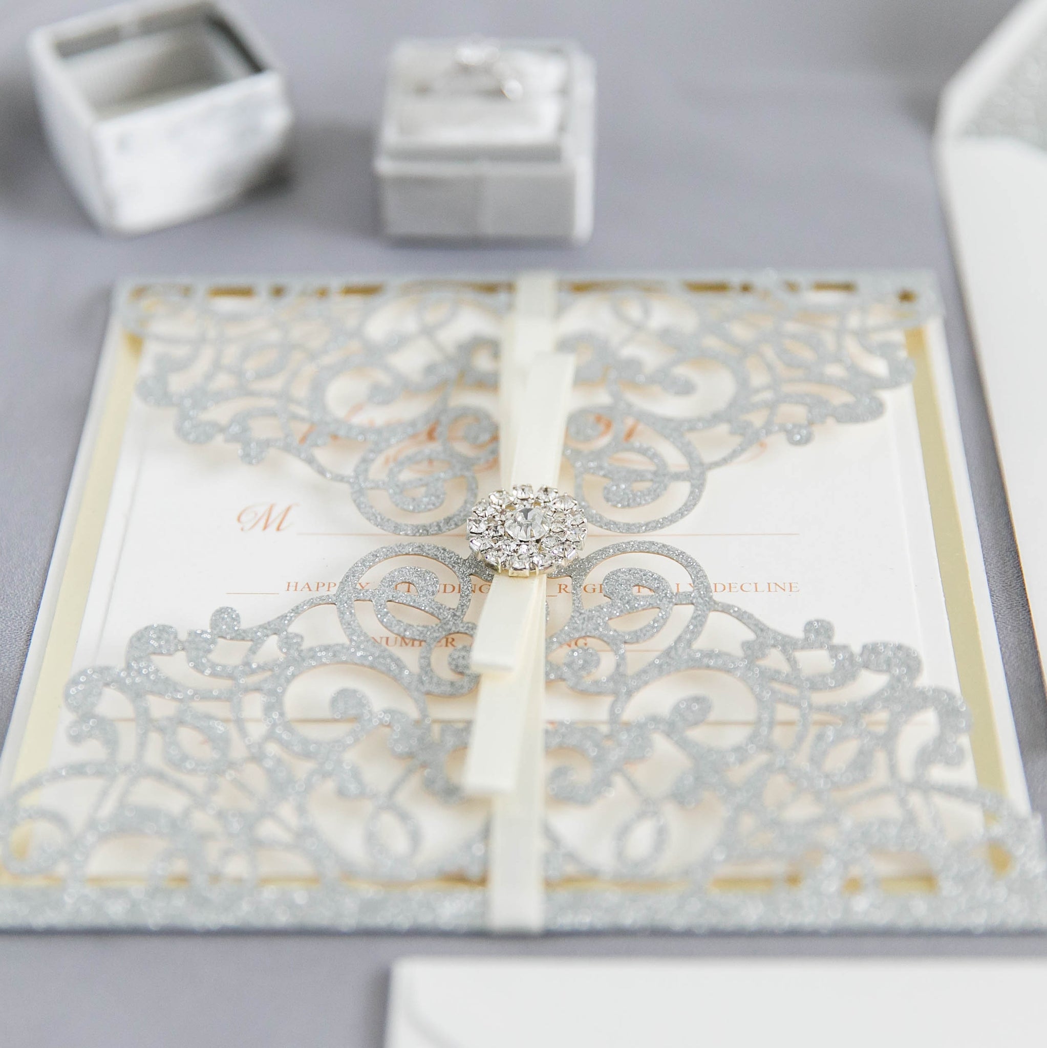 Exquisite Floral Glitter Paper Laser Cut Invitation (Ready 2 GO Set)