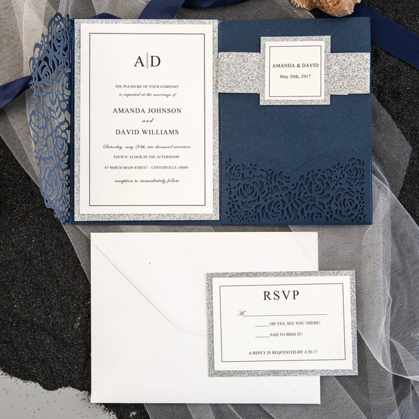 Rose Design Navy Tri-fold Pocket Invitation (Ready 2 GO Set)